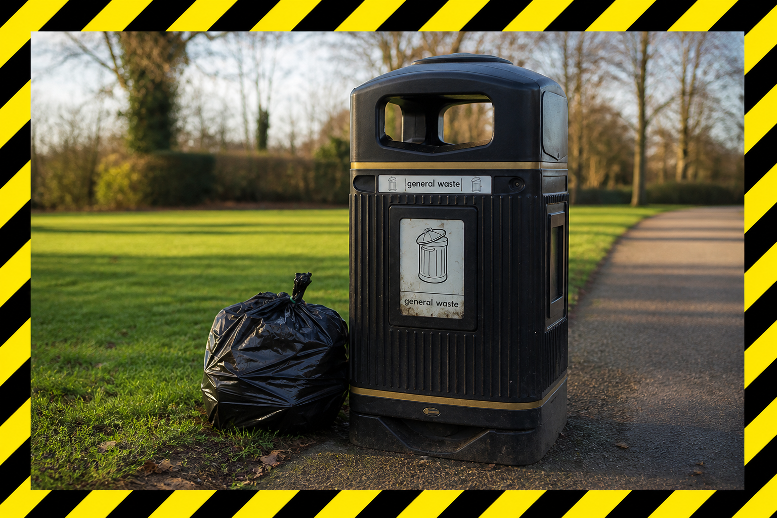 Waste bags and rubbish left beside a litter bin.